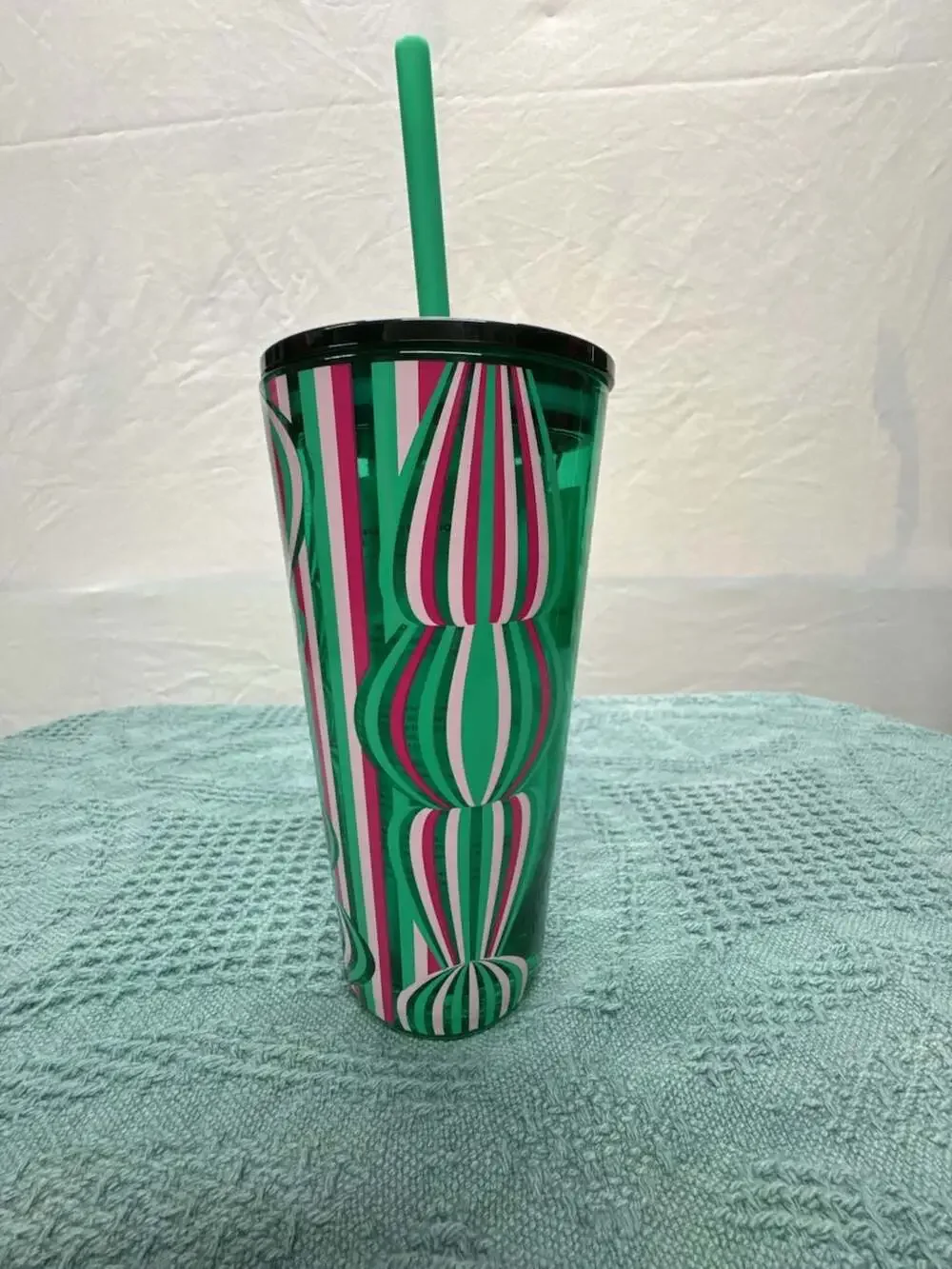 Starbucks 18 oz Holiday 2024 Green and Pink Striped Cold Cup Tumbler